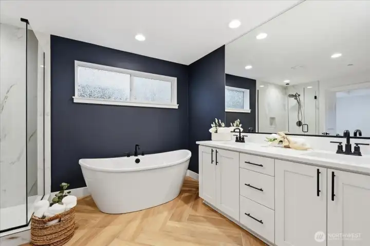 Ensuite primary bathroom, separate tub, walk-in shower, double vanity, walk-in closet