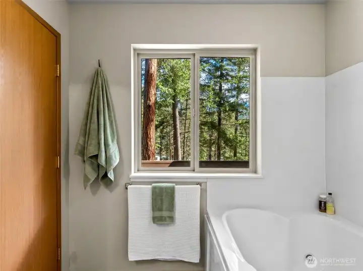 One of the largest and best soaking tubs in the master suite with wooded views.