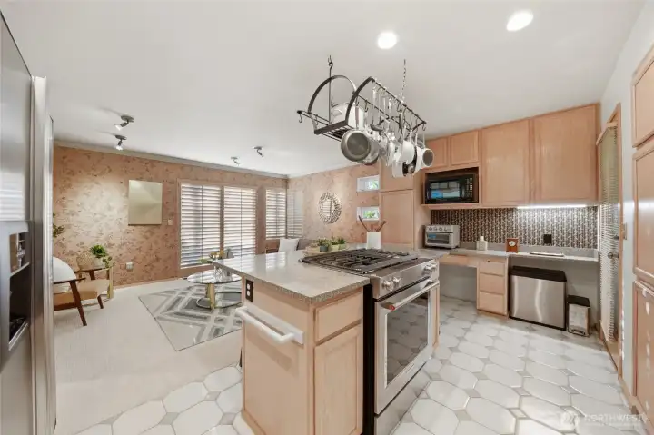 Kitchen with island with seating.