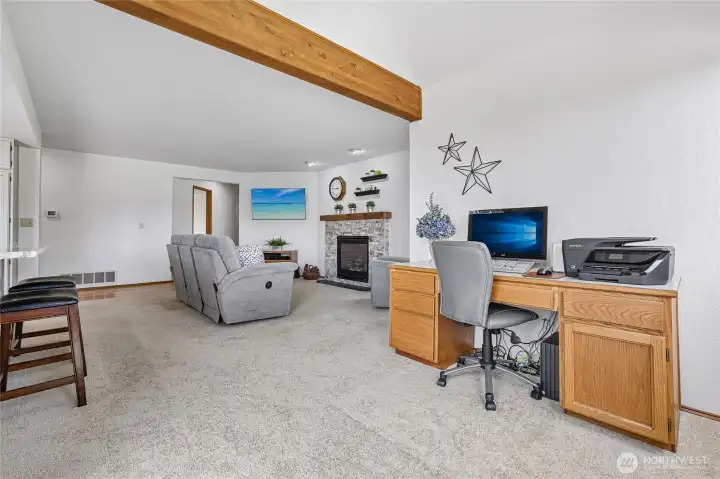 Versatile alcove off the family room is perfect for a workstation or breakfast nook.