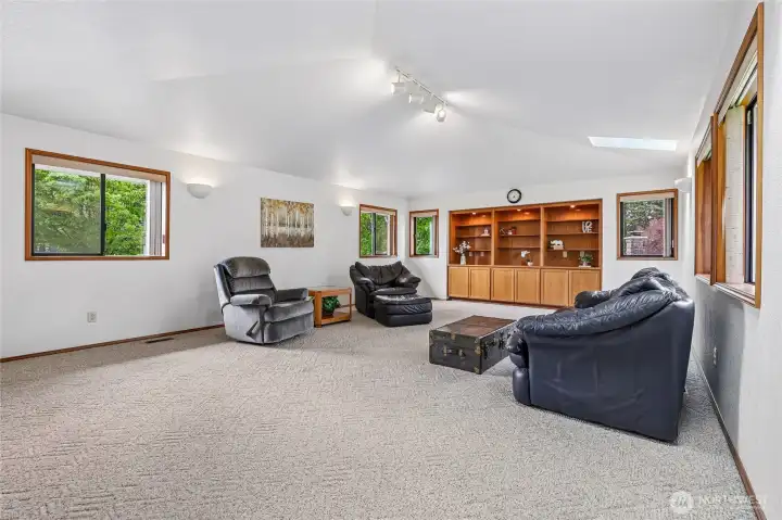 Huge bonus room over the garage features dramatic cathedral ceilings, built-in shelving and bright skylights.