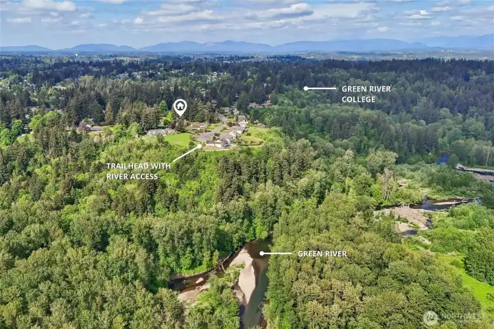 Follow the neighborhood trail down to the Green River! Home is situated just 1 mile from Green River College.