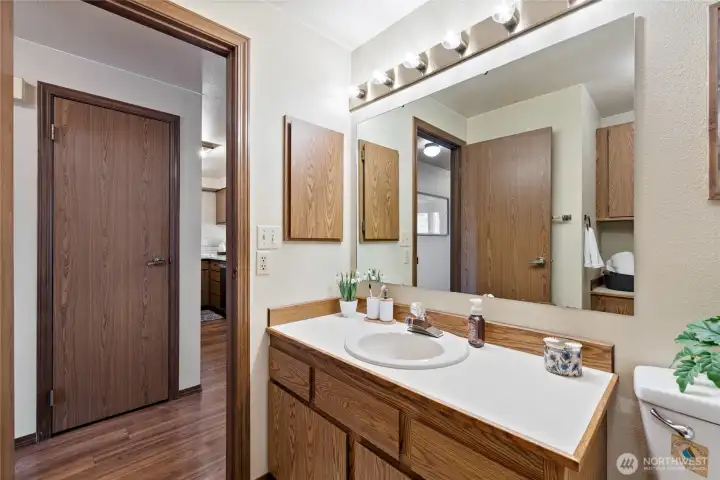Full bath across from possible linen/towel closet