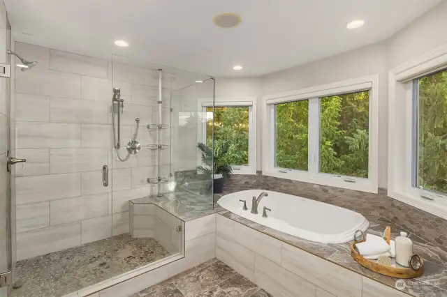 Primary Bathroom with soaker tub and bay window