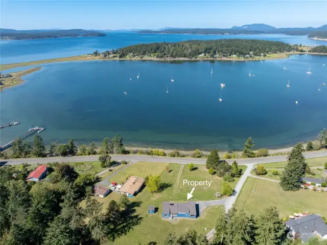 Aerial with view of bay, San Juan and Shaw in background