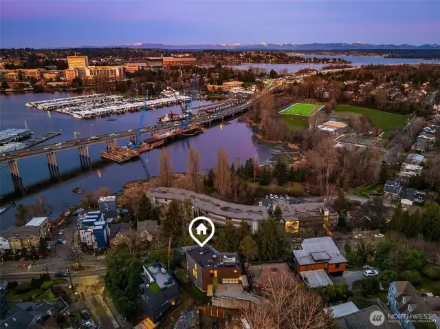 Aerial NE view towards University of Washington/Montlake Cut. Montlake Playfield is in view, as well as 520.