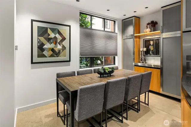 Dining area with built-in storage.