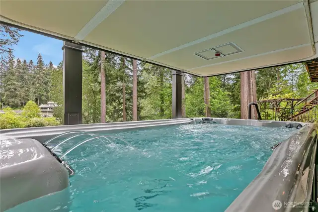 Covered swim spa with beautiful outlooks.