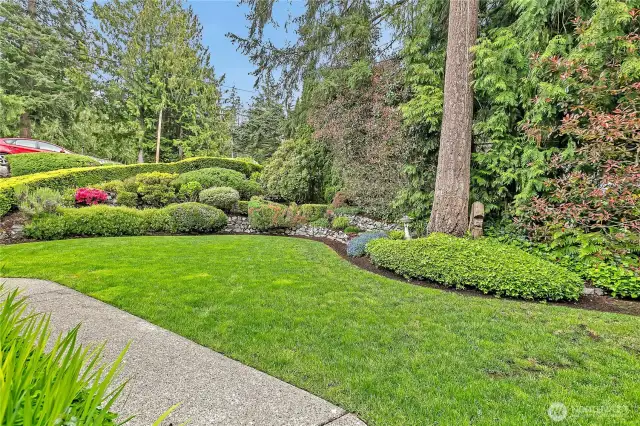 Irrigation system with rain sensors and drip lines keeps landscaping lush and healthy.