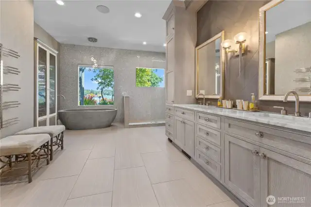 Large Primary bathroom (heated floors), specialized Artistic Italian wall tile from Italy – Cerused oak finish Plato cabinetry
