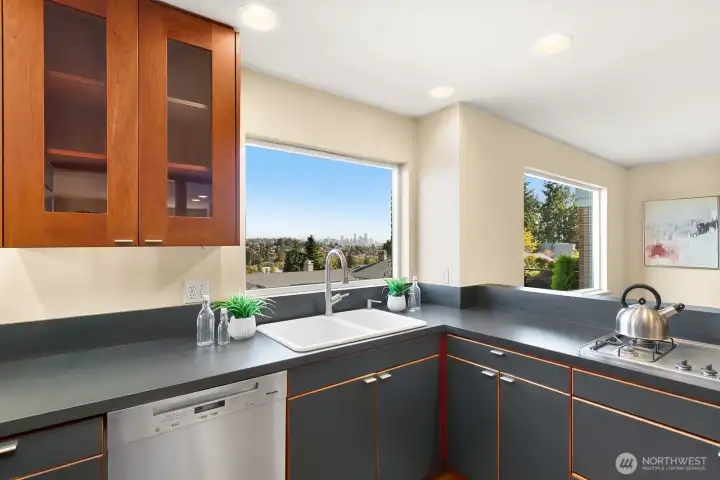 Sink area with a fantastic City view.  Makes doing dishes a joy.