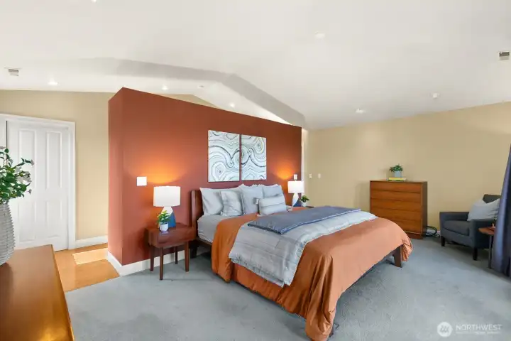 Another view of primary bedroom.  Tall ceilings and very spacious.