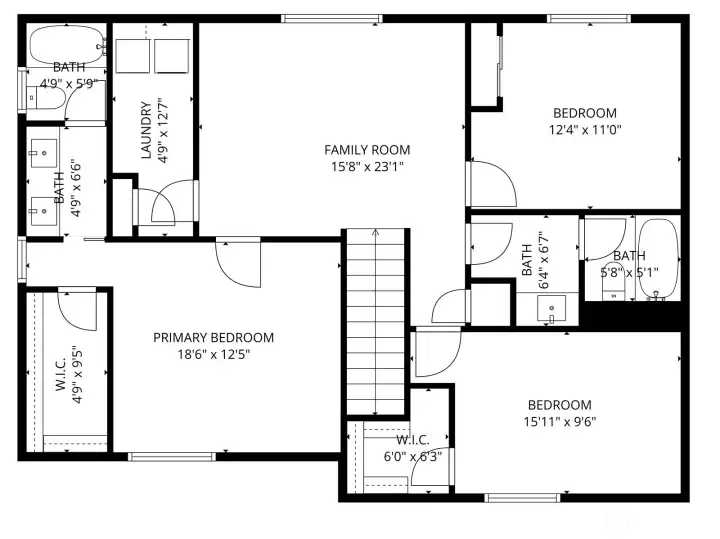 3 more bedrooms + large family room/loft.  Two full baths on this level.