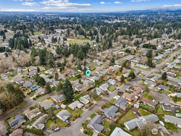 This southwest aerial gives a little real-life context buyers always want. Washington Middle School is clearly visible toward the upper left, with Olympia High School nearby in the upper center, so the school commute can honestly be measured in minutes instead of miles. You get that feeling of being tucked into a residential pocket while still staying incredibly connected to everyday destinations. It is an easy spot to land if you like knowing where you are in relation to the places you will frequent most, and it reinforces just how practical this Briar Lea location really is for busy schedules and active households.