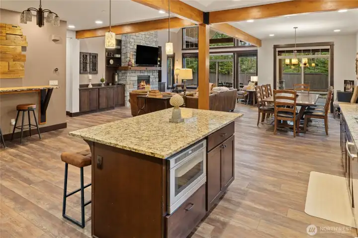 Kitchen view of dining and great room