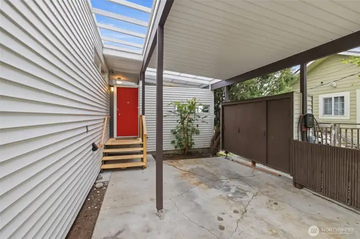 Skylight in carport add light to kitchen.