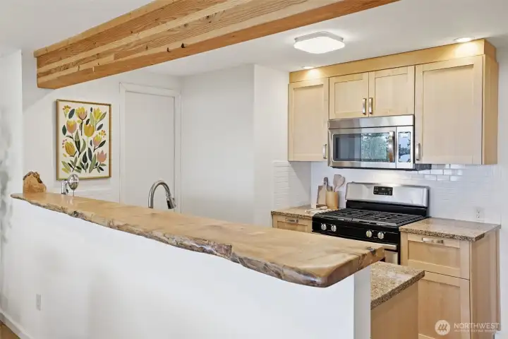 Live edge counter top in kitchen.