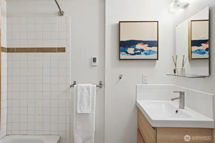 Full bath with heated floors.