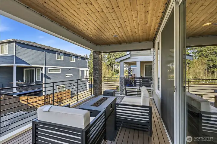 Beautiful Entertaining Deck with Low Maintenance Metal Railing and Pretty Wood Ceiling