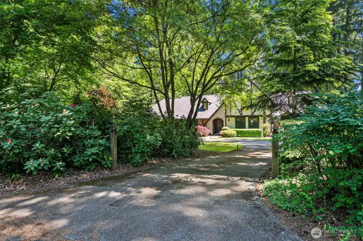 Mature landscaping provides privacy from the street