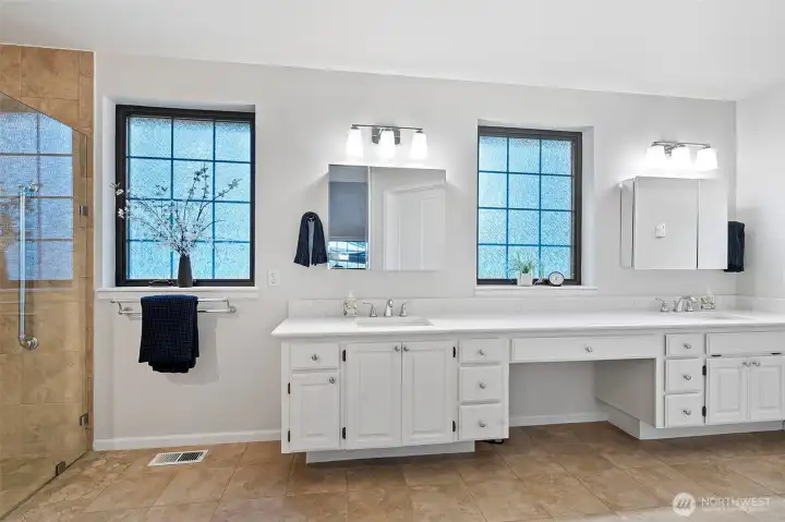 Primary bathroom with dual sink vanity