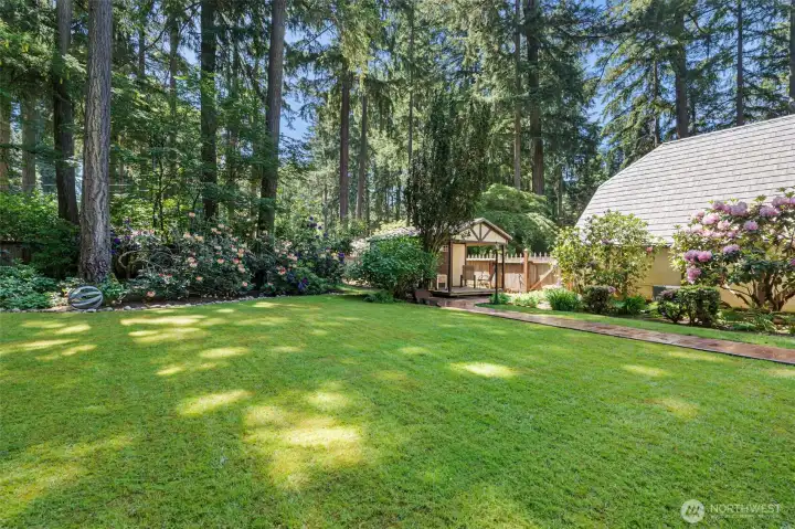 View towards utility shed and attached garage