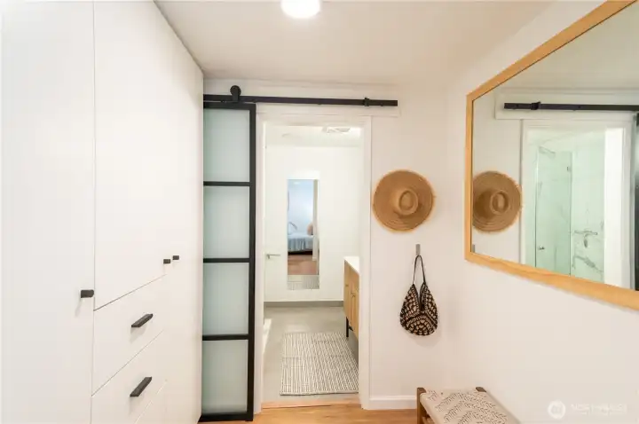 Large built-in storage and lovely bathroom