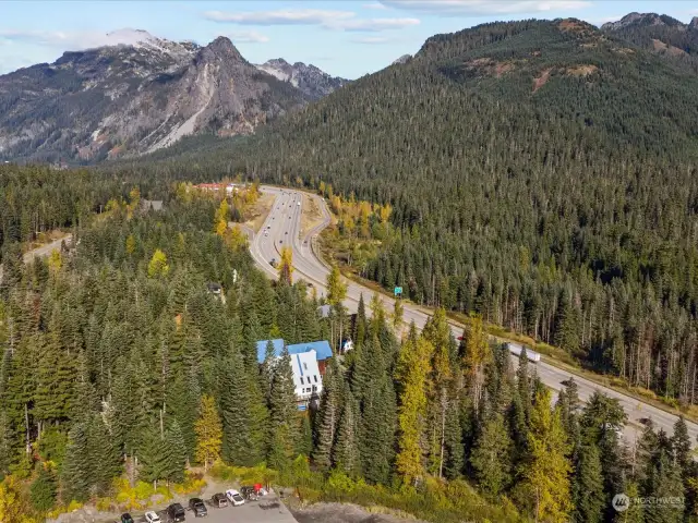 Surrounded by mountain peaks in all directions.