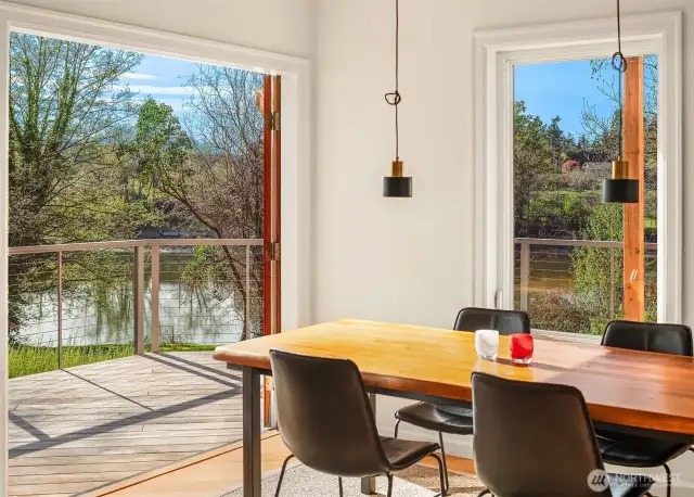 French doors open to the ironwood deck,