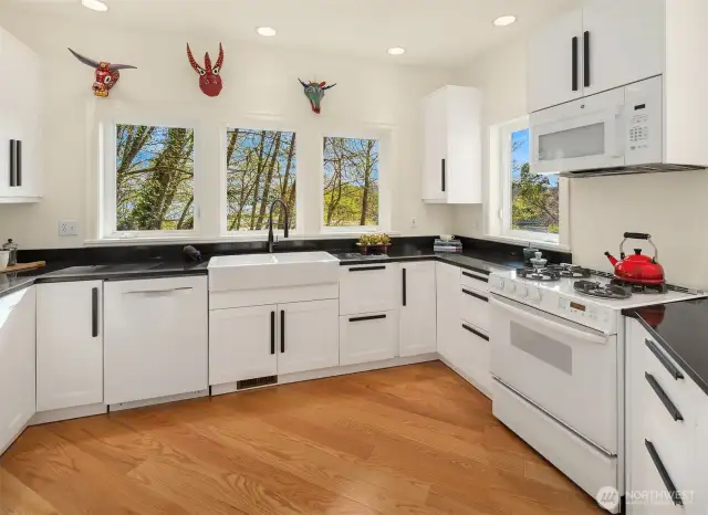 Bright, light kitchen featuring every modern amenity.