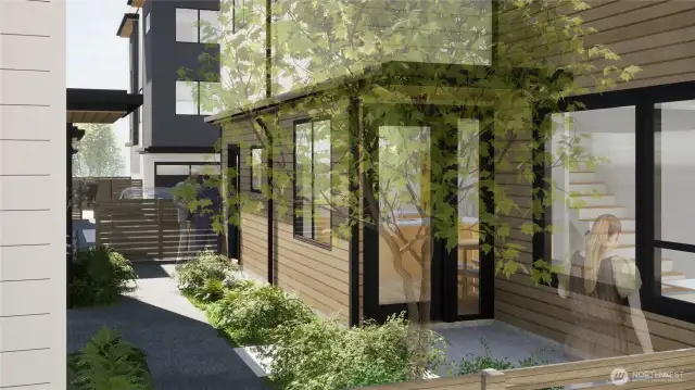 Lush green landscaping meets crisp lines and modern angles in this rendering. Imagine strolling home along this dreamy pathway after grabbing a coffee nearby!