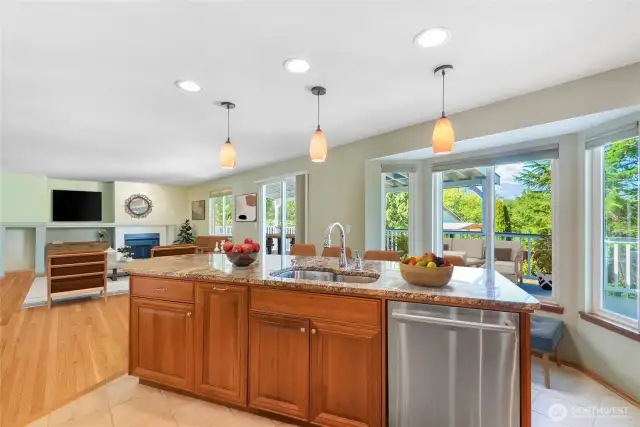 A view of the huge island that looks into the family room and overlooks the yard and deck.