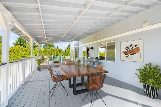 Trex deck is massive & has a permanent cover allowing for both sun & shade.
