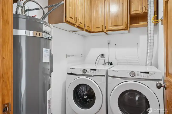 Spacious laundry room with ample storage and updated cabinetry.