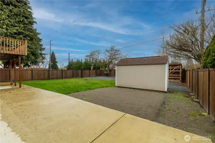 Large patio, Shed with power. Fully fenced yard.