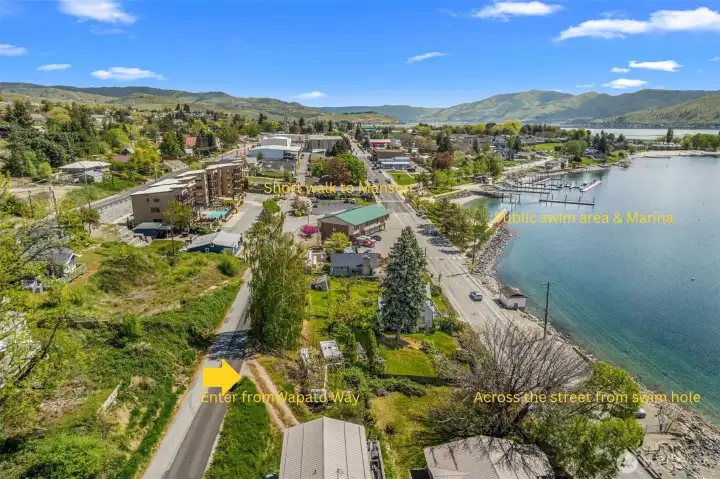 Steps from the town of Manson, public swim area, Marina and new park