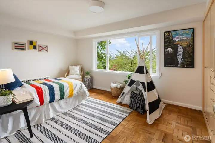 Lower level bedroom with built in closet