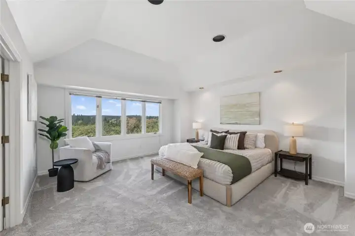 Primary suite with serene views and vaulted ceilings Primary suite with serene views and vaulted ceilings