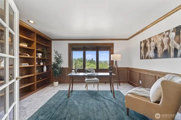 Library/den/office with wood accents and beautiful views Library/den/office with wood accents and beautiful views