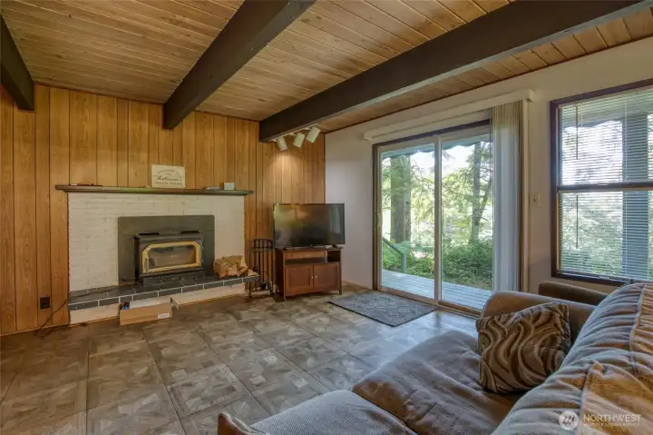 Living room with wood burning insert.