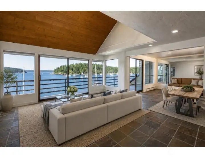 AI Staged Great Room - just a few well placed items bring this room to life - creating comfort and peace in full view of the Port of Friday Harbor. AI Staged Great Room - just a few well placed items bring this room to life - creating comfort and peace in full view of the Port of Friday Harbor.