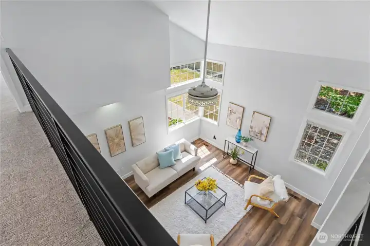 View of the main floor living from upstrairs.