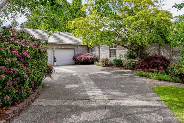 This classic brick rambler is perfectly framed by lush, mature landscaping and a beautifully maintained exposed aggregate circular driveway. A canopy of trees and flowering shrubs offers both privacy and charm, creating a warm, inviting first impression.