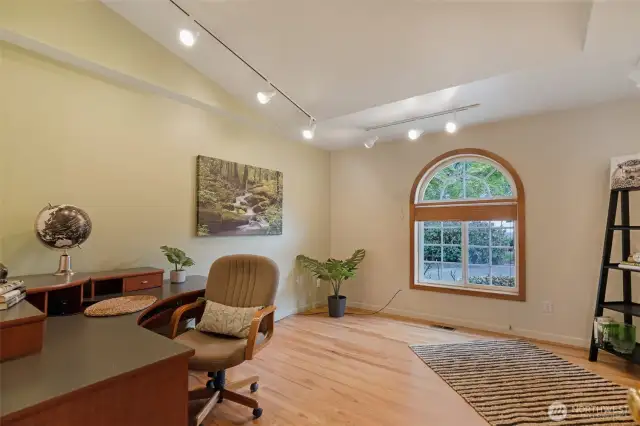 Located on the main floor, this flexible space functions beautifully as a dedicated home office or guest bedroom. Arched window brings in natural light and frames a view of the manicured front landscape, while hardwood floors and track lighting add warmth and practicality. Ideal for remote work, creative pursuits.