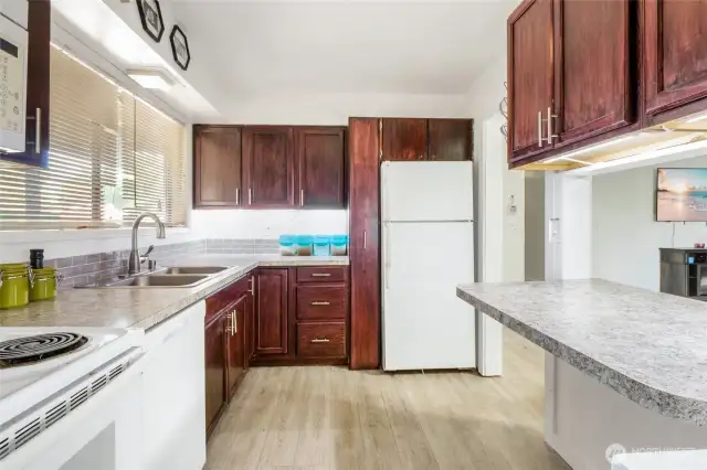The owner created some extra storage with space next to the fridge. That's a long panel drawer with a lot of shelves built into it.