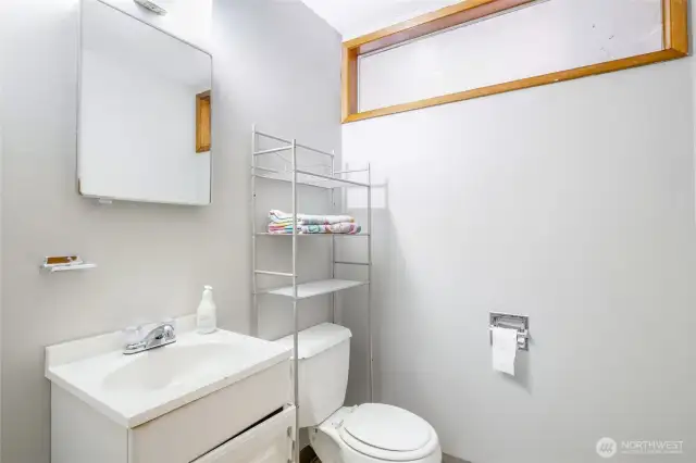 The primary bedroom has this half bath with an upper frosted window that allows light in.