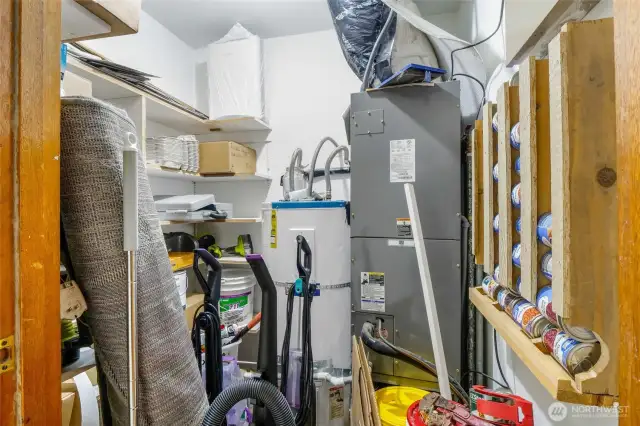 In the storage closet: old furnace, hot water tank, canned food storage, lots of shelves!