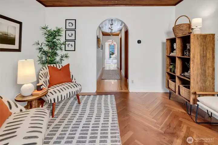 Looking down the hall toward the bathroom and then the kitchen.