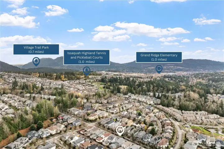 This aerial view highlights the home’s incredible proximity to nearby community amenities—including Village Trail Park just 0.7 miles away, the Issaquah Highlands Tennis and Pickleball Courts 1.0 mile away, and Grand Ridge Elementary also just 1.0 mile from your doorstep. Perfectly positioned for convenience, recreation, and top-rated education, all within minutes of home.