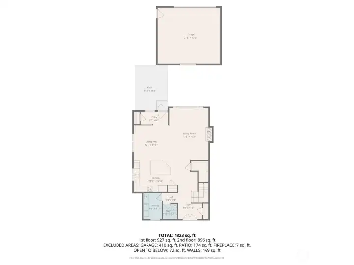 A smart, open layout featuring a connected kitchen, dining, and living area, plus a powder room, laundry room, and easy access to the private patio and detached garage. Designed for everyday comfort and convenience.